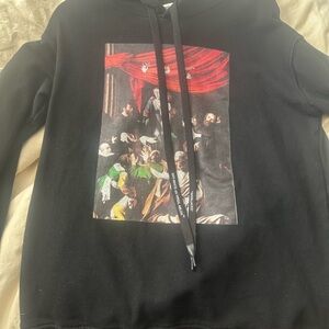 Off-White Black Hoodie with Renaissance Graphic Print